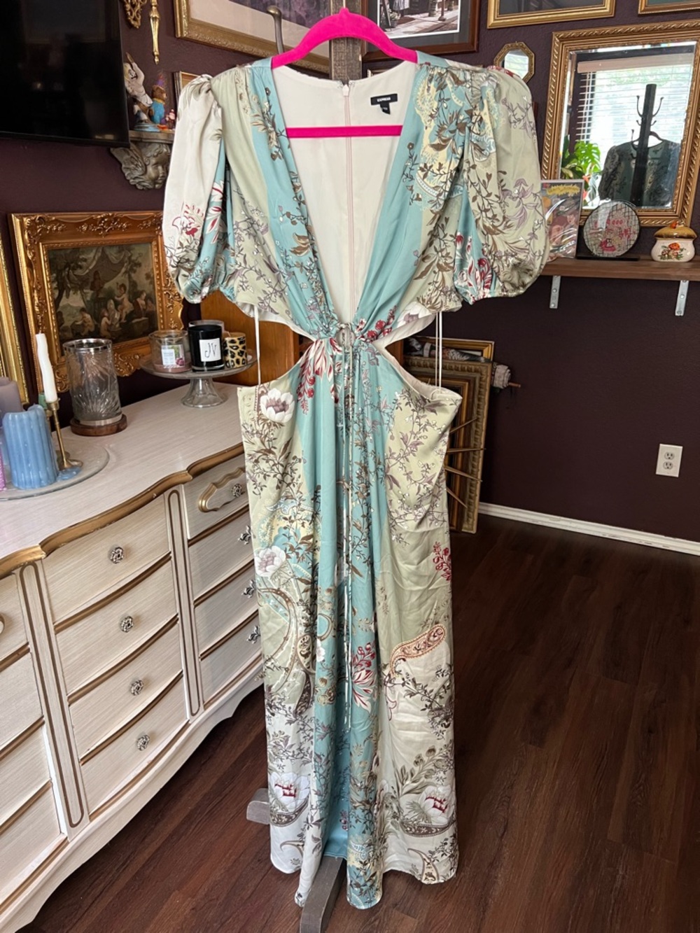 Express Satin Floral V-Neck Puff Sleeve Tie Front Cutout Maxi Dress Large - Picture 3 of 11